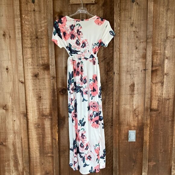 White Pink Short Sleeve Floral Maxi Dress w/removable tie - Picture 3 of 6
